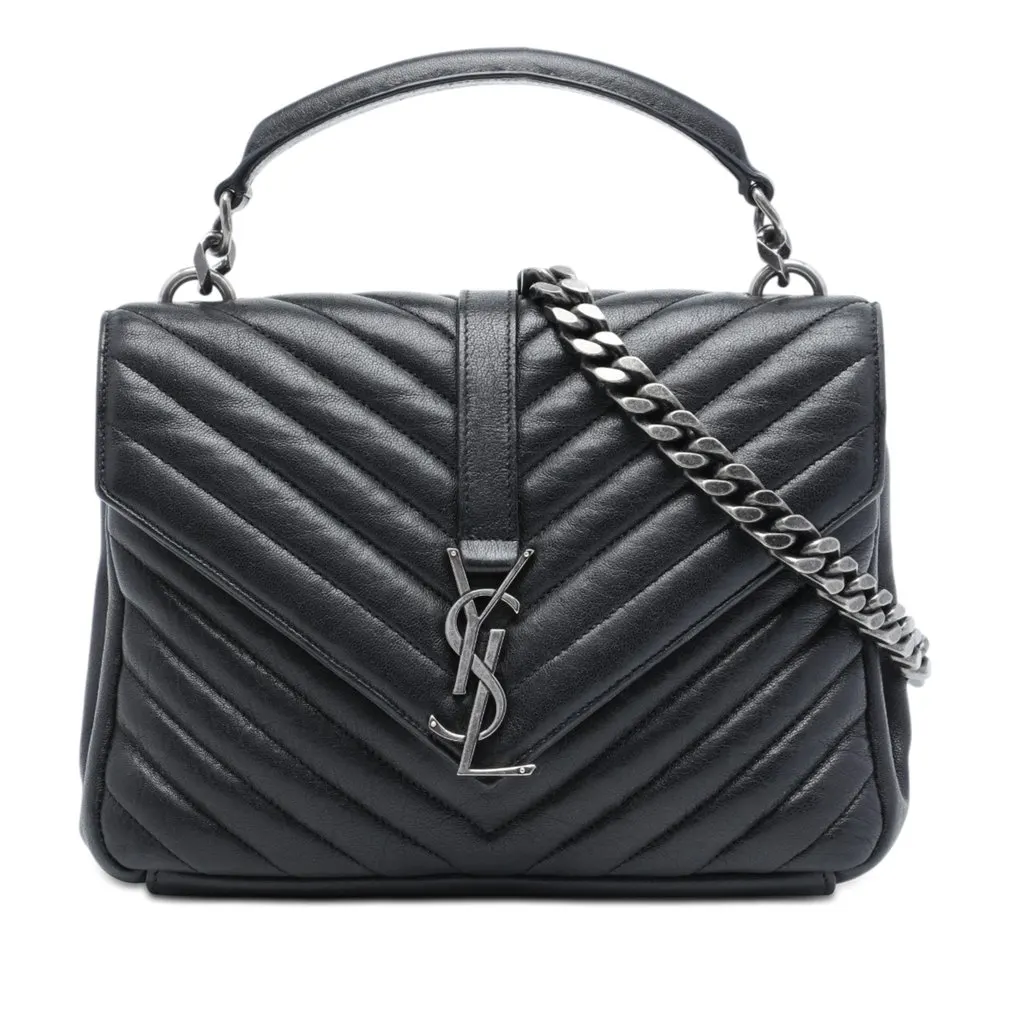 Saint Laurent Medium Chevron Sheepskin Monogram College Satchel Black Leather Very good - Front View