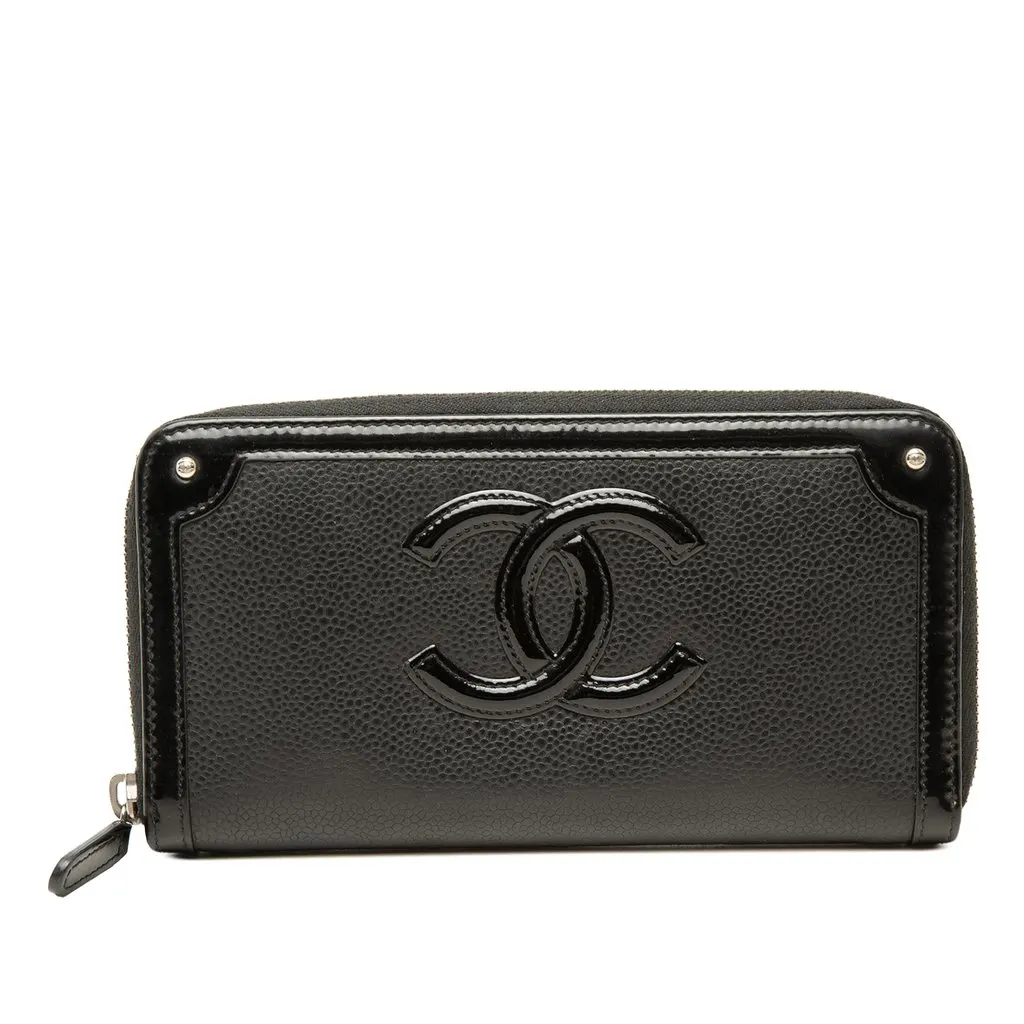 Chanel CC Caviar and Patent Zip Around Long Wallet Black Leather Very good - Front View