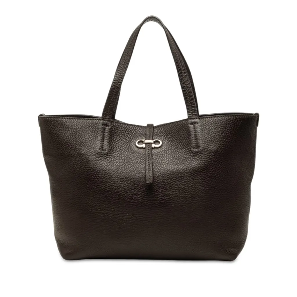 Salvatore Ferragamo Pebbled Calfskin Gancini Bice Handbag Brown Leather Good - Front View