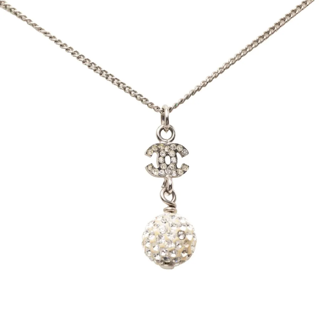 Chanel CC Brass Strass Ball Pendant Necklace Silver Metal Very good - Back View
