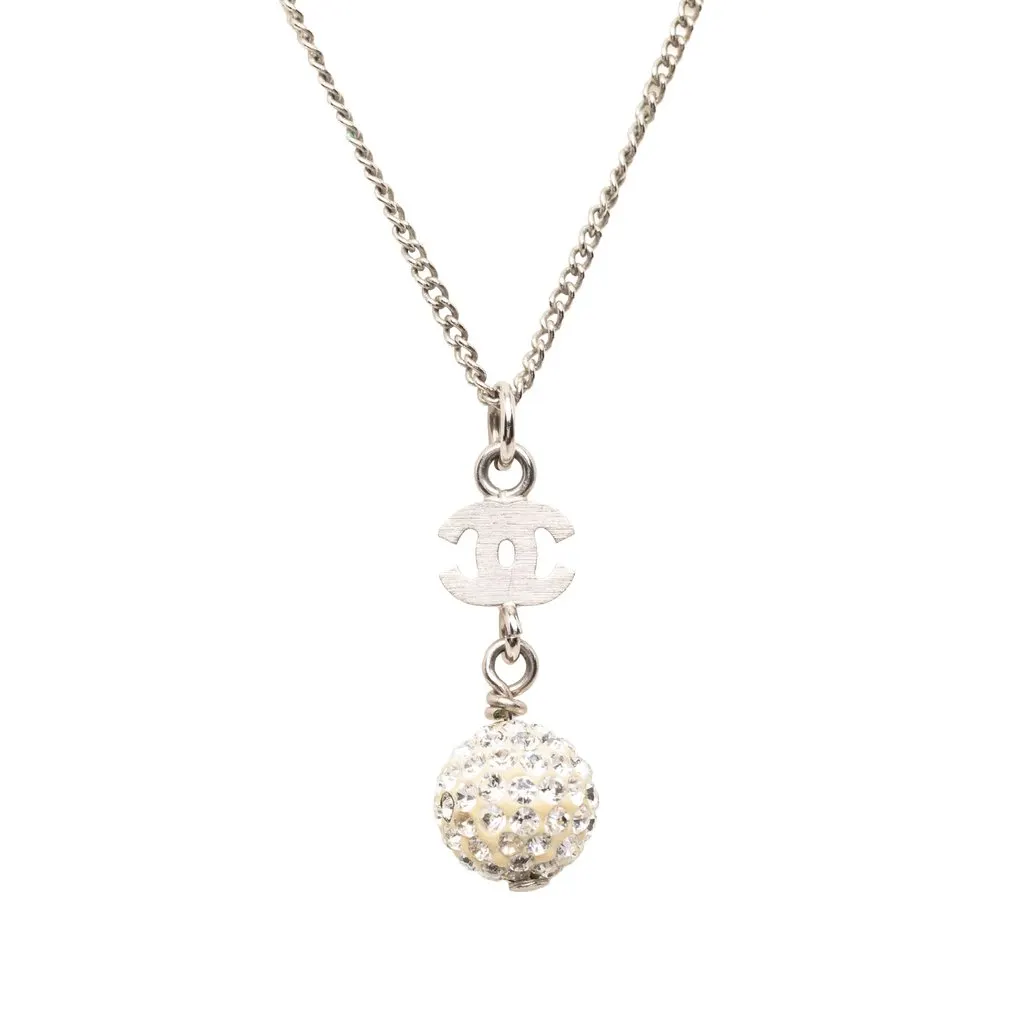 Chanel CC Brass Strass Ball Pendant Necklace Silver Metal Very good - Inside View