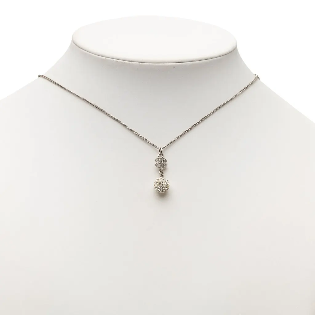 Chanel CC Brass Strass Ball Pendant Necklace Silver Metal Very good - Box View