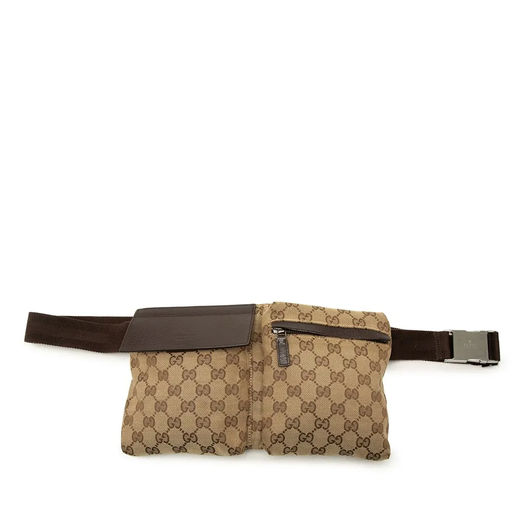 Gucci GG Canvas Double Pocket Belt Bag Beige Good - Front View