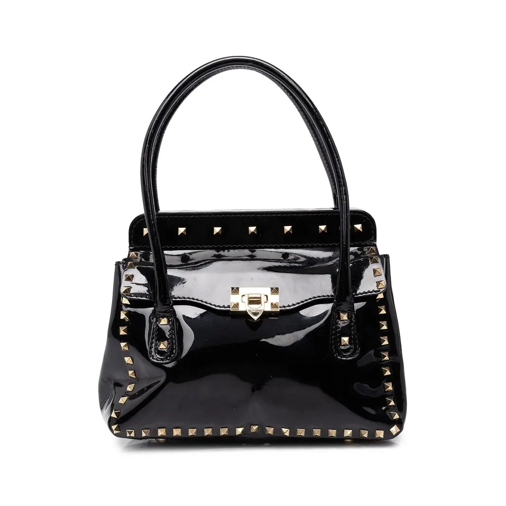 Valentino Patent Rockstud Double Handle Flap Tote Black Leather Good - Front View