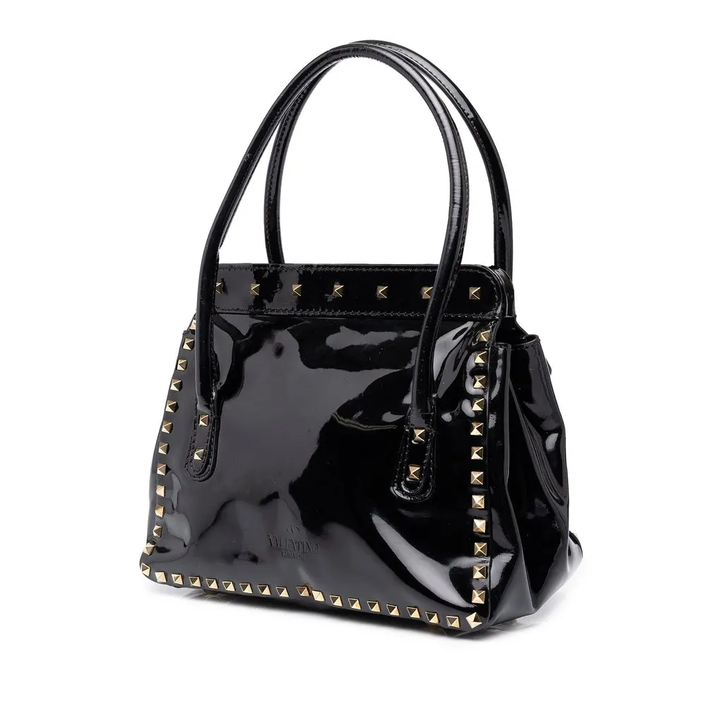 Valentino Patent Rockstud Double Handle Flap Tote Black Leather Good - Back View