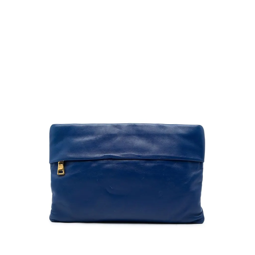 Prada Soft Calf Fold Over Clutch Blue Leather Very good - Front View