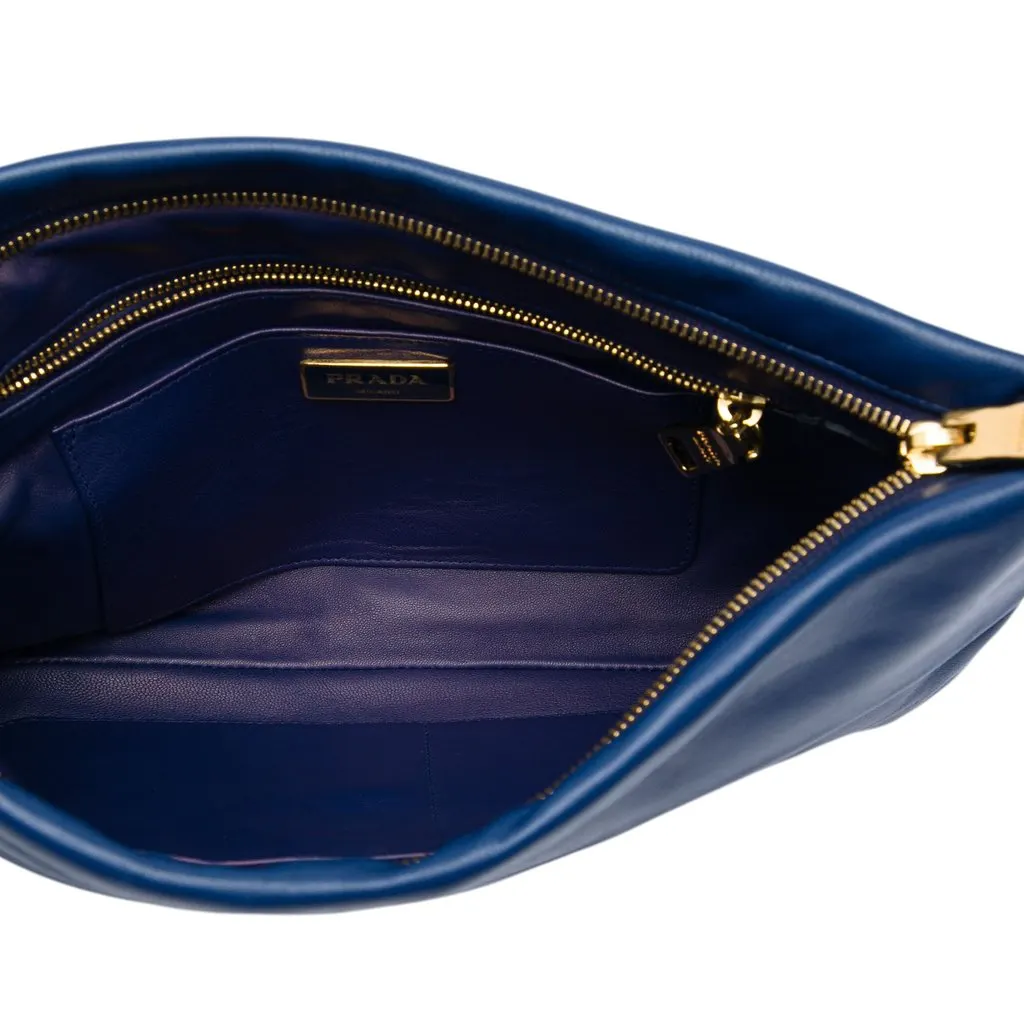 Prada Soft Calf Fold Over Clutch Blue Leather Very good - Model View