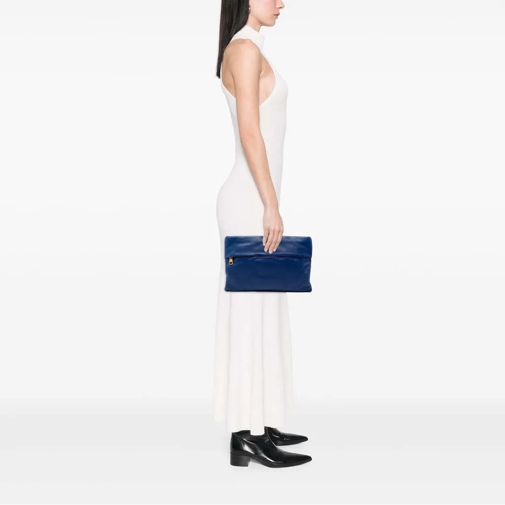 Prada Soft Calf Fold Over Clutch Blue Leather Very good - Box View