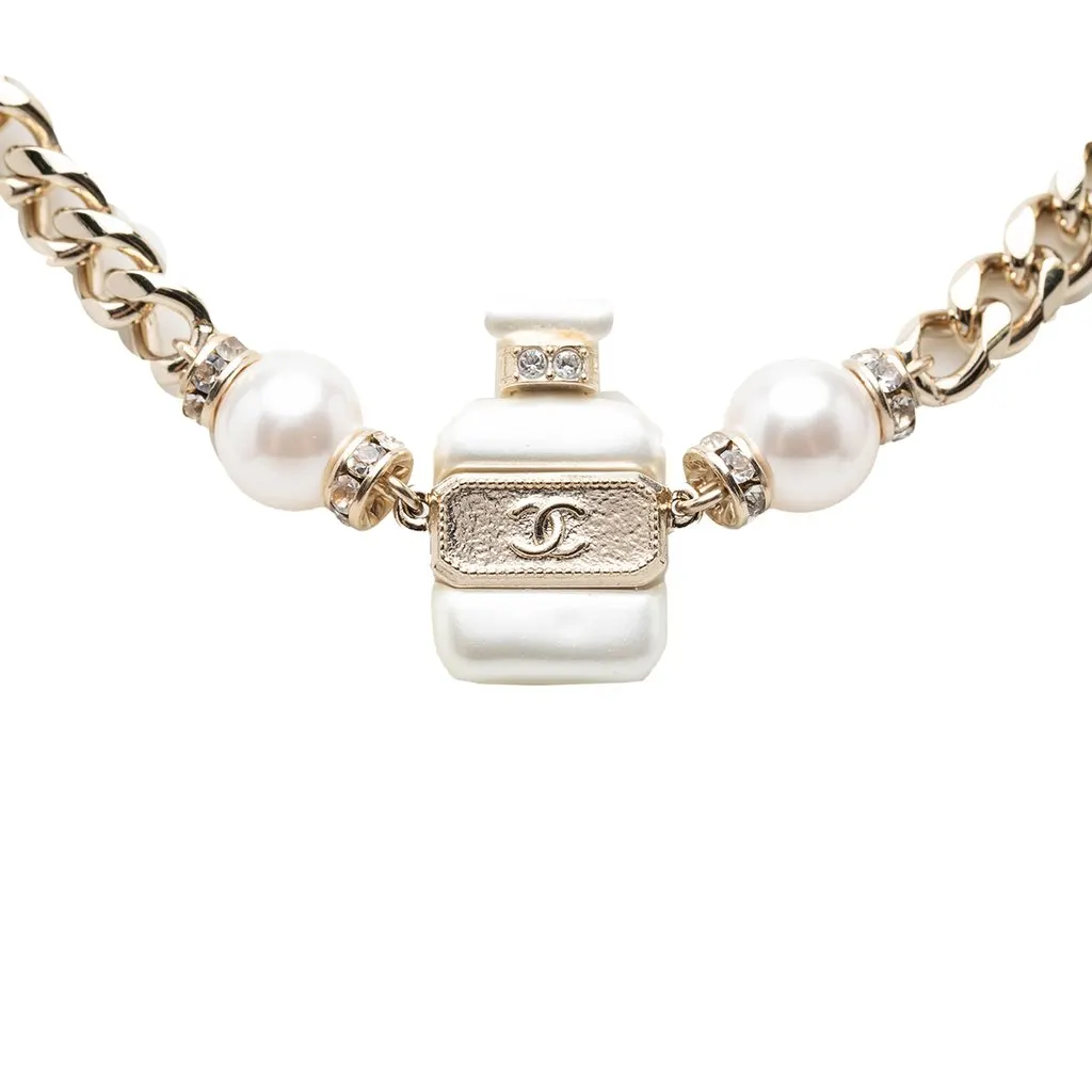 Chanel CC Gold Plated Faux Pearl Strass No 5 Perfume Bottle Pendant Necklace Gold Metal Very good - Back View