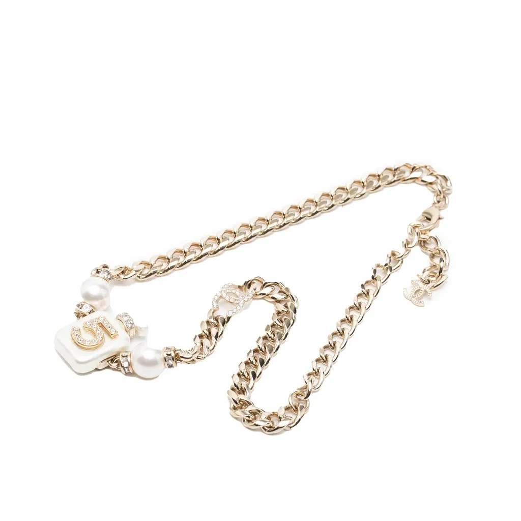 Chanel CC Gold Plated Faux Pearl Strass No 5 Perfume Bottle Pendant Necklace Gold Metal Very good - Box View