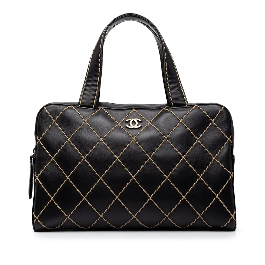 Chanel CC Calfskin Wild Stitch Handbag Black Leather Good - Front View