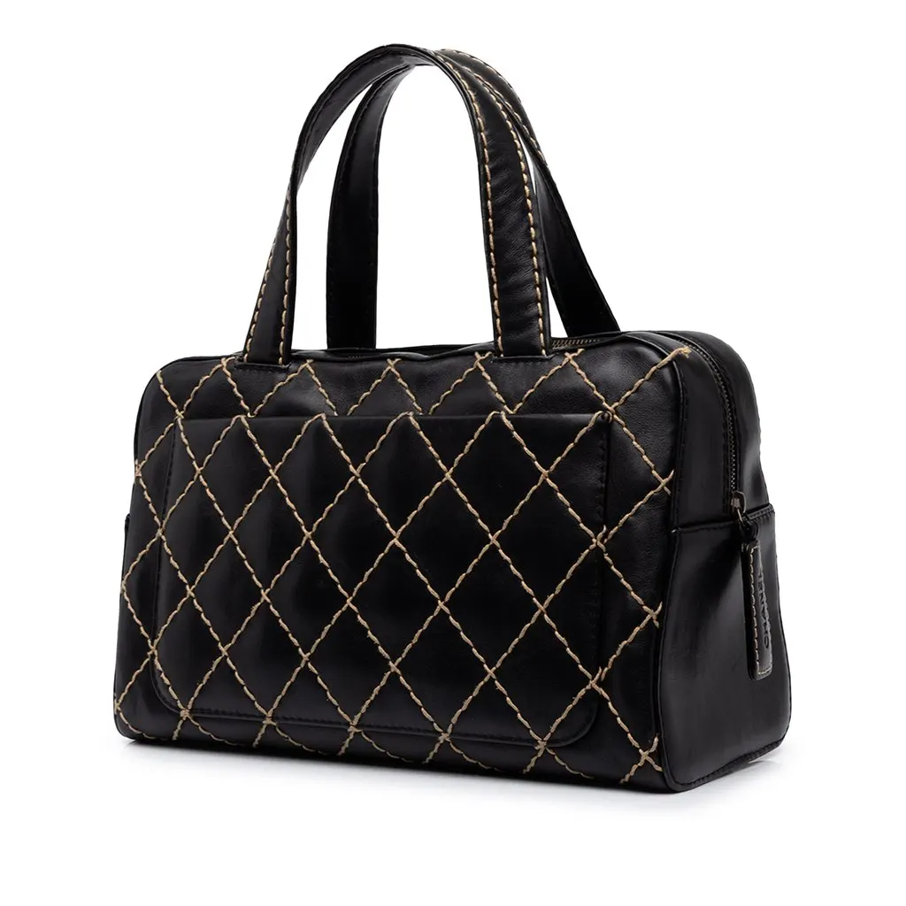 Chanel CC Calfskin Wild Stitch Handbag Black Leather Good - Back View