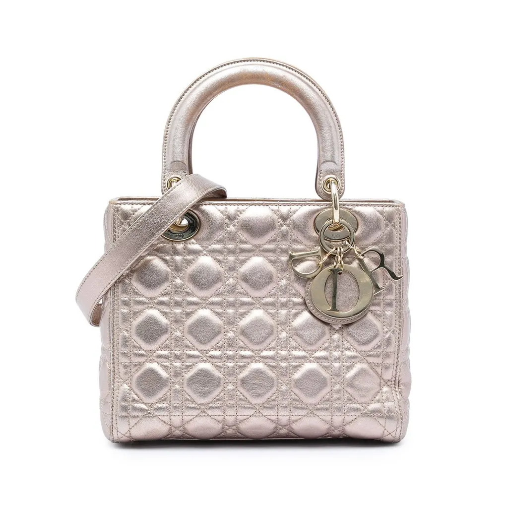 Dior Medium Metallic Lambskin Cannage Lady Dior Gold Leather Very good - Front View