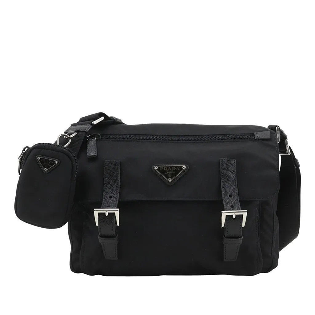 Prada Saffiano Trimmed Re Nylon Zip Double Buckle Messenger Bag Black Very good - Front View