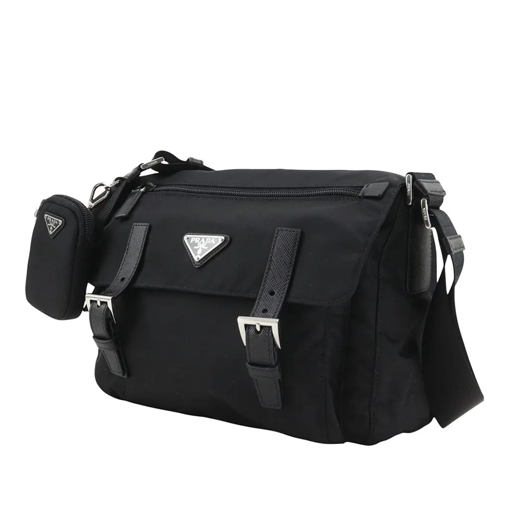 Prada Saffiano Trimmed Re Nylon Zip Double Buckle Messenger Bag Black Very good - Back View
