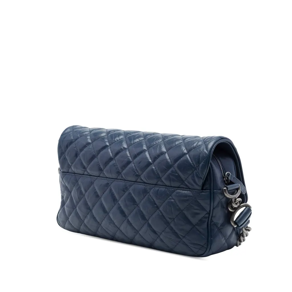 Chanel Medium Quilted Crumpled Calfskin Airlines Casual Rock Flap Blue Leather Very good - Back View