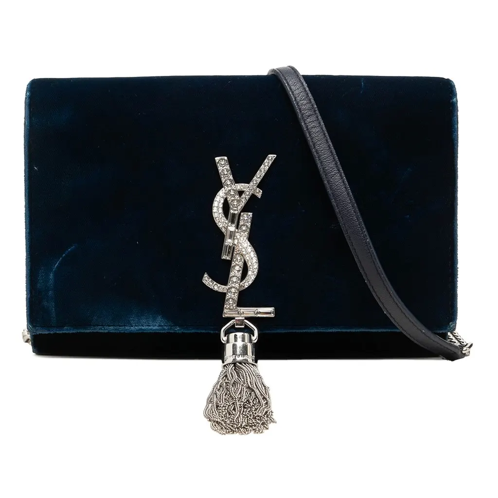 Saint Laurent Velvet Crystal Monogram Kate Tassel Wallet On Chain Blue Velvet Good - Front View