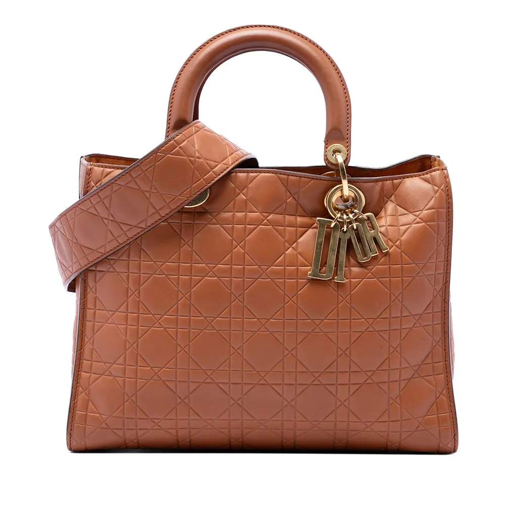 Dior Large Ultra Matte Calfskin Cannage Embossed Lady Dior Brown Leather Good - Front View