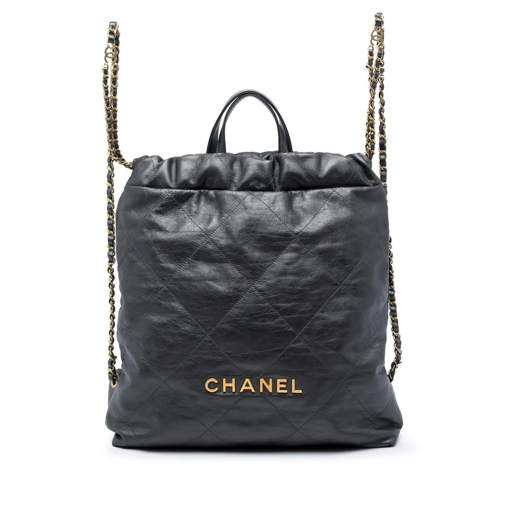 Chanel Large Quilted Shiny Calfskin 22 Backpack Black Leather Good - Front View