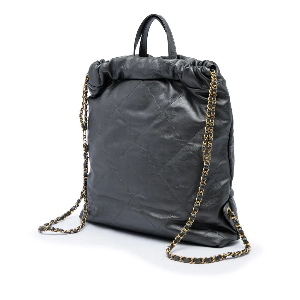 Chanel Large Quilted Shiny Calfskin 22 Backpack Black Leather Good - Back View