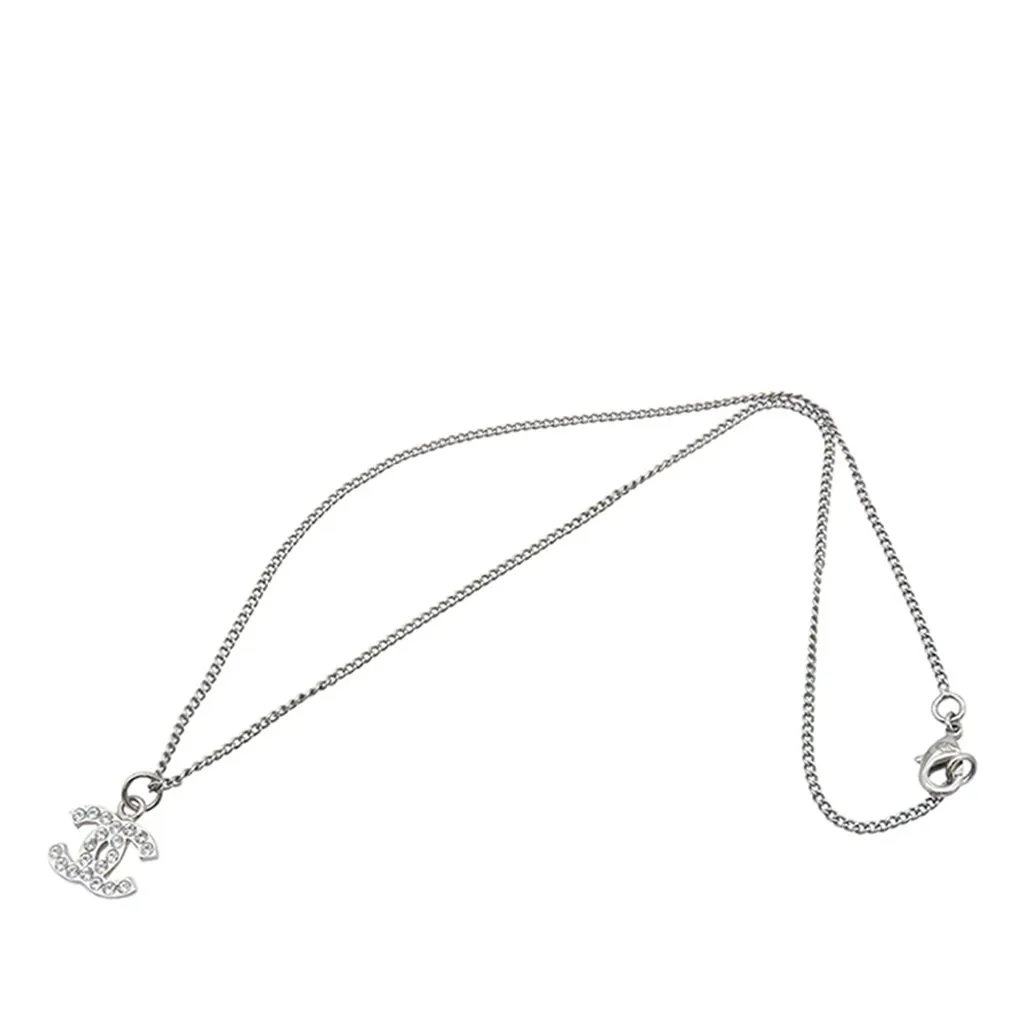 Chanel CC Brass and Strass Pendant Necklace Silver Metal Very good - Front View