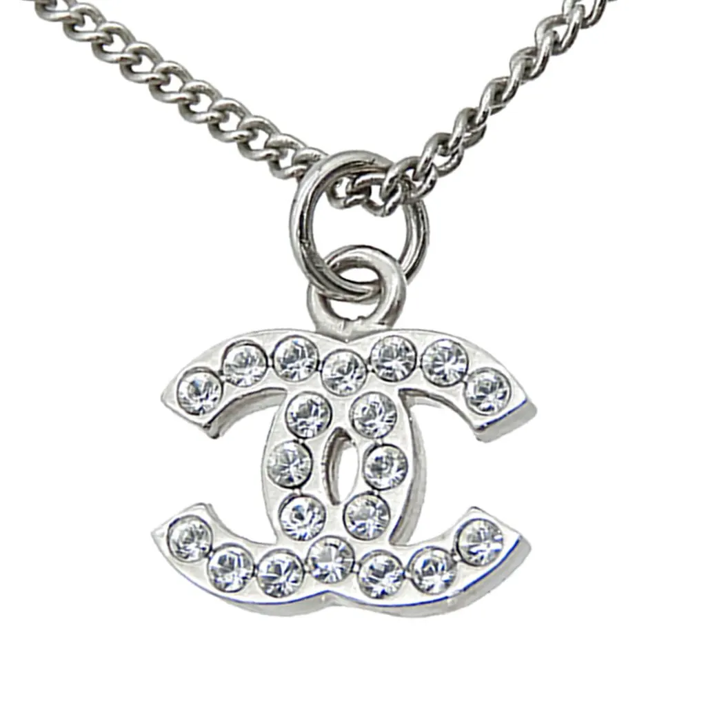 Chanel CC Brass and Strass Pendant Necklace Silver Metal Very good - Back View