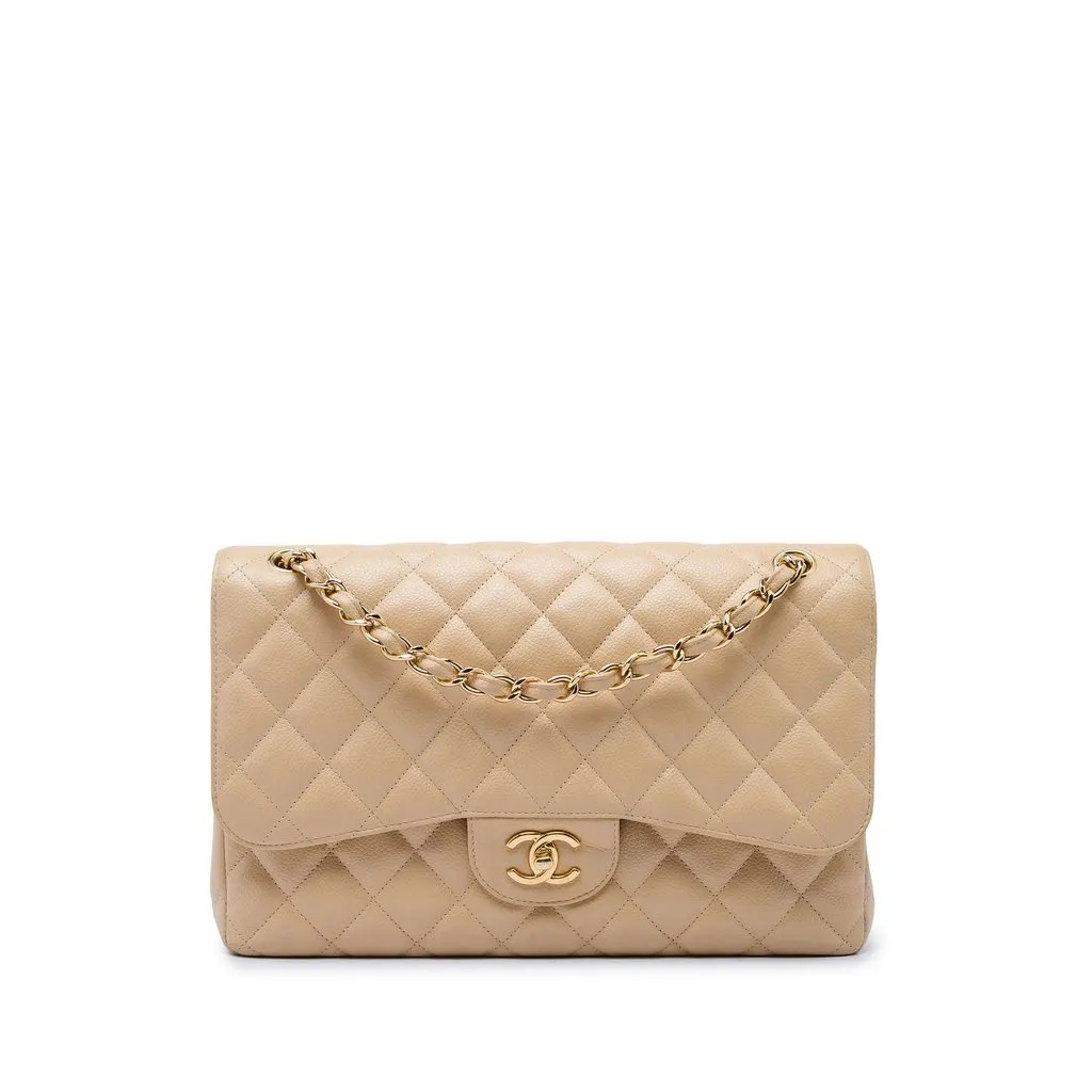 Chanel Jumbo Classic Caviar Double Flap Beige Leather Good - Front View