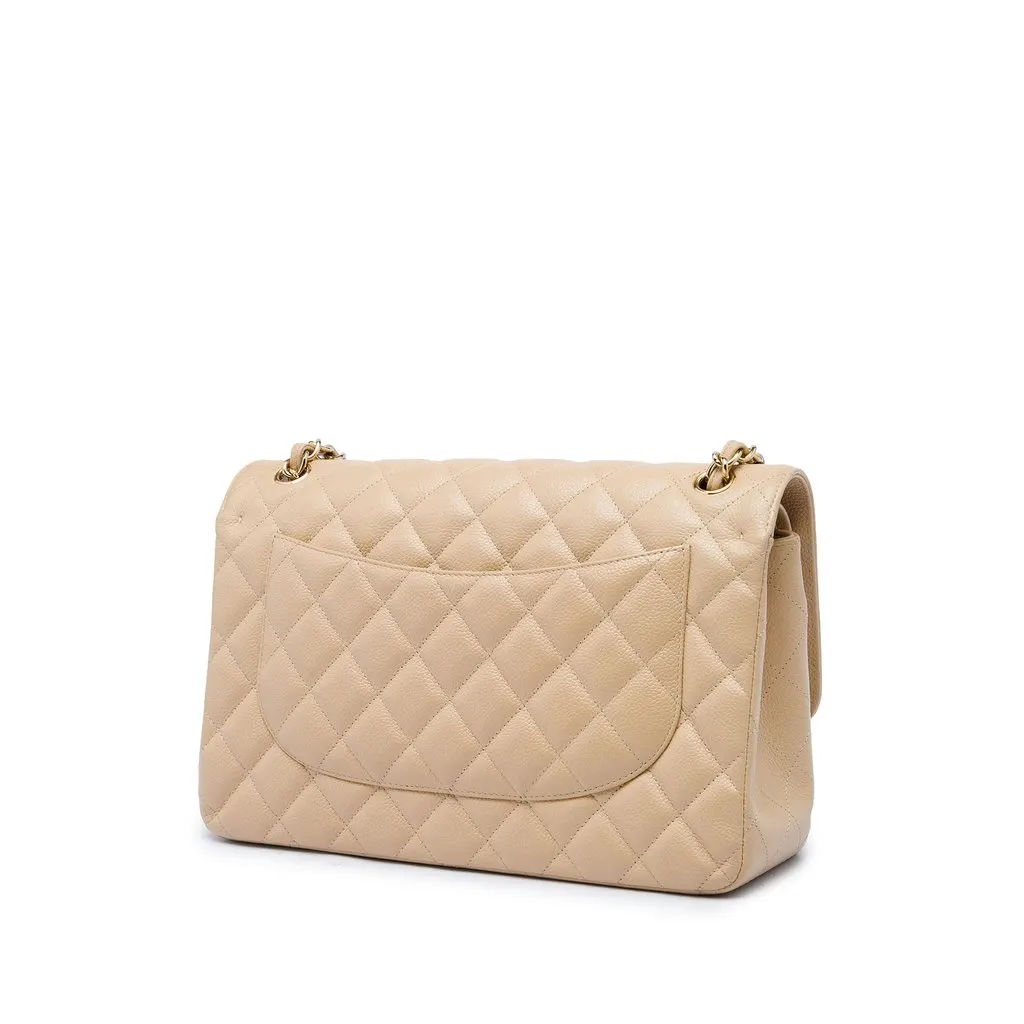 Chanel Jumbo Classic Caviar Double Flap Beige Leather Good - Back View