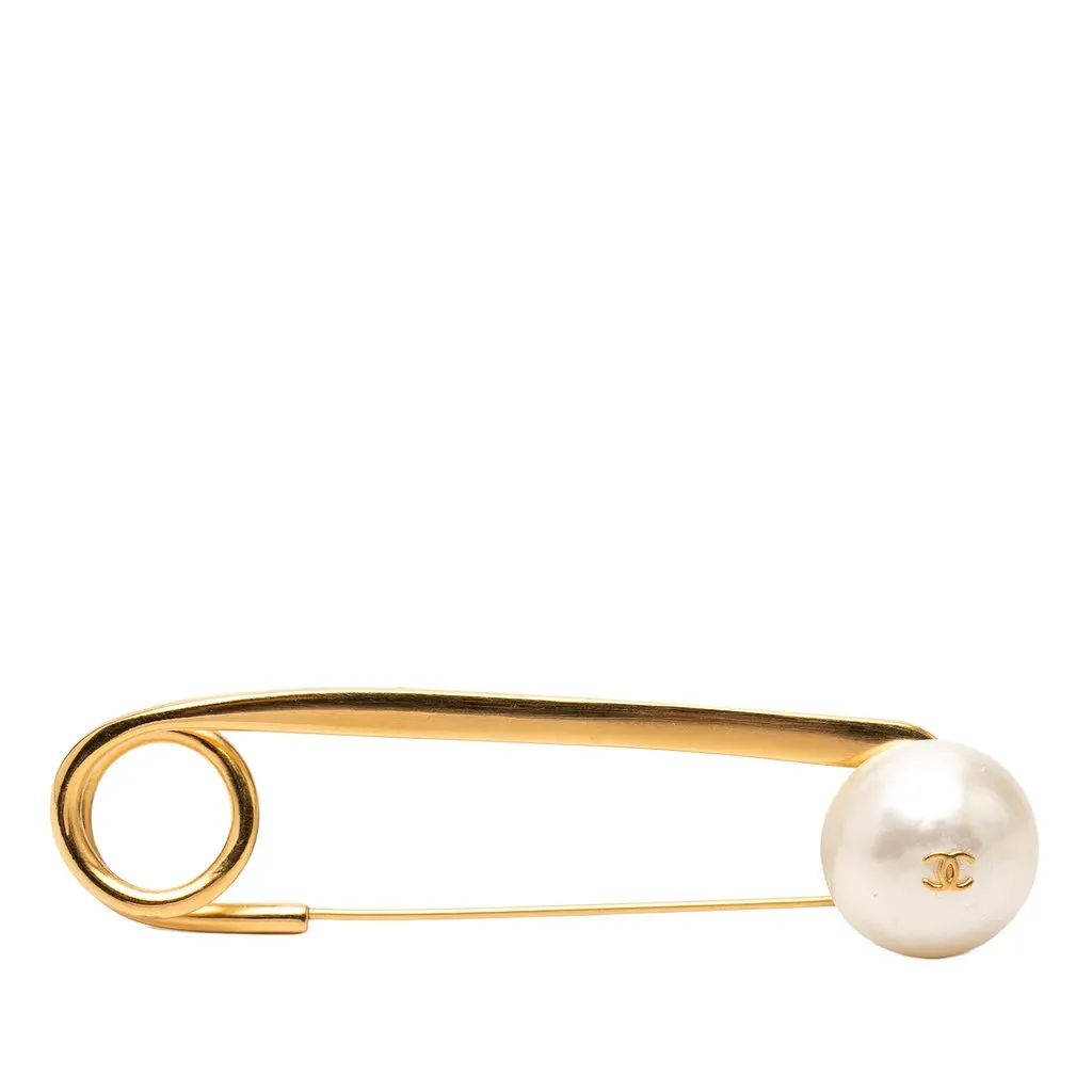 Chanel CC Gold Plated Faux Pearl Safety Pin Brooch Gold Metal Very good - Front View