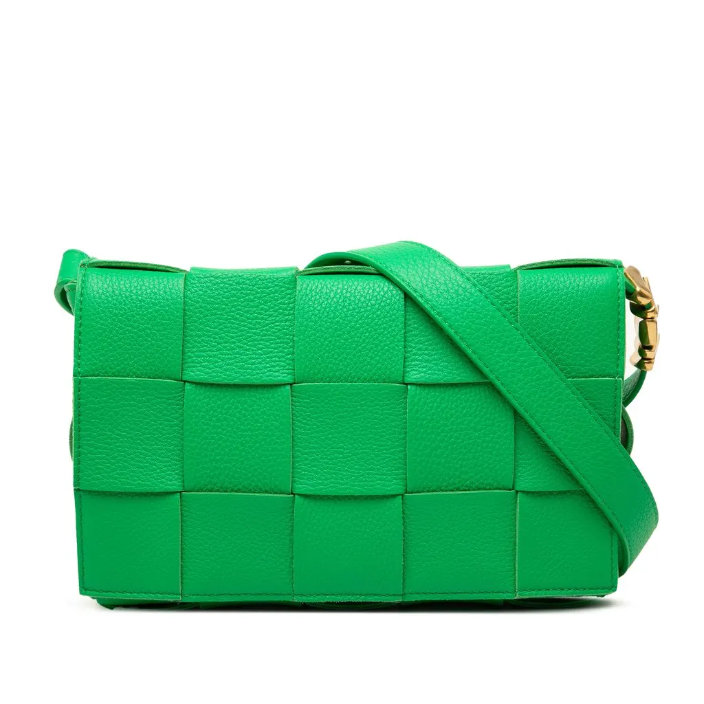 Bottega Veneta Grained Calfskin Intrecciato Cassette Crossbody Green Leather Very good - Front View