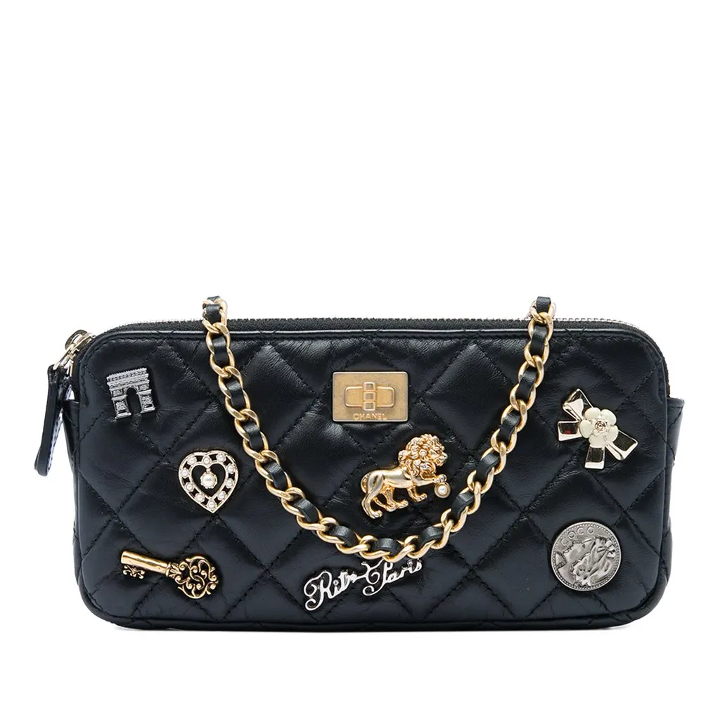 Chanel Quilted Aged Calfskin Lucky Charms Reissue 2.55 Double Zip Clutch With Chain Black Leather Very good - Front View