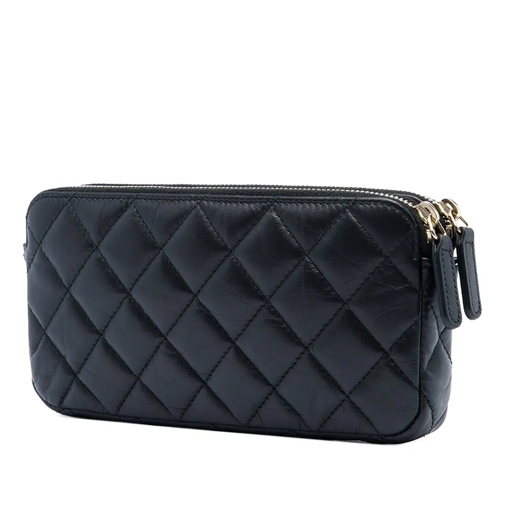 Chanel Quilted Aged Calfskin Lucky Charms Reissue 2.55 Double Zip Clutch With Chain Black Leather Very good - Back View
