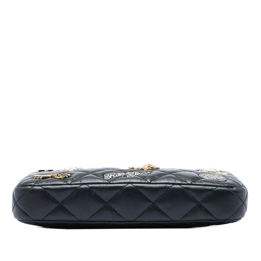 Chanel Quilted Aged Calfskin Lucky Charms Reissue 2.55 Double Zip Clutch With Chain Black Leather Very good - Inside View