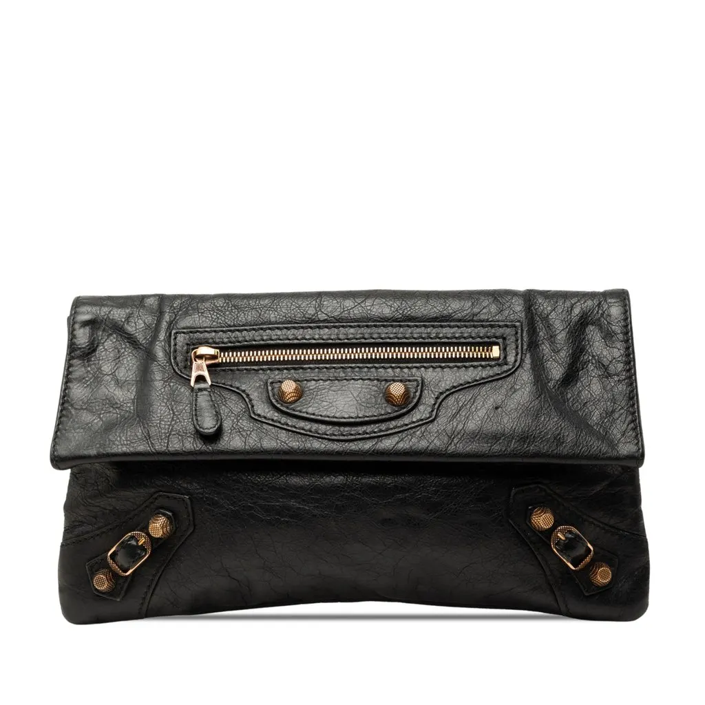 Balenciaga Lambskin Motocross Giant 12 Envelope Clutch Black Leather Very good - Front View