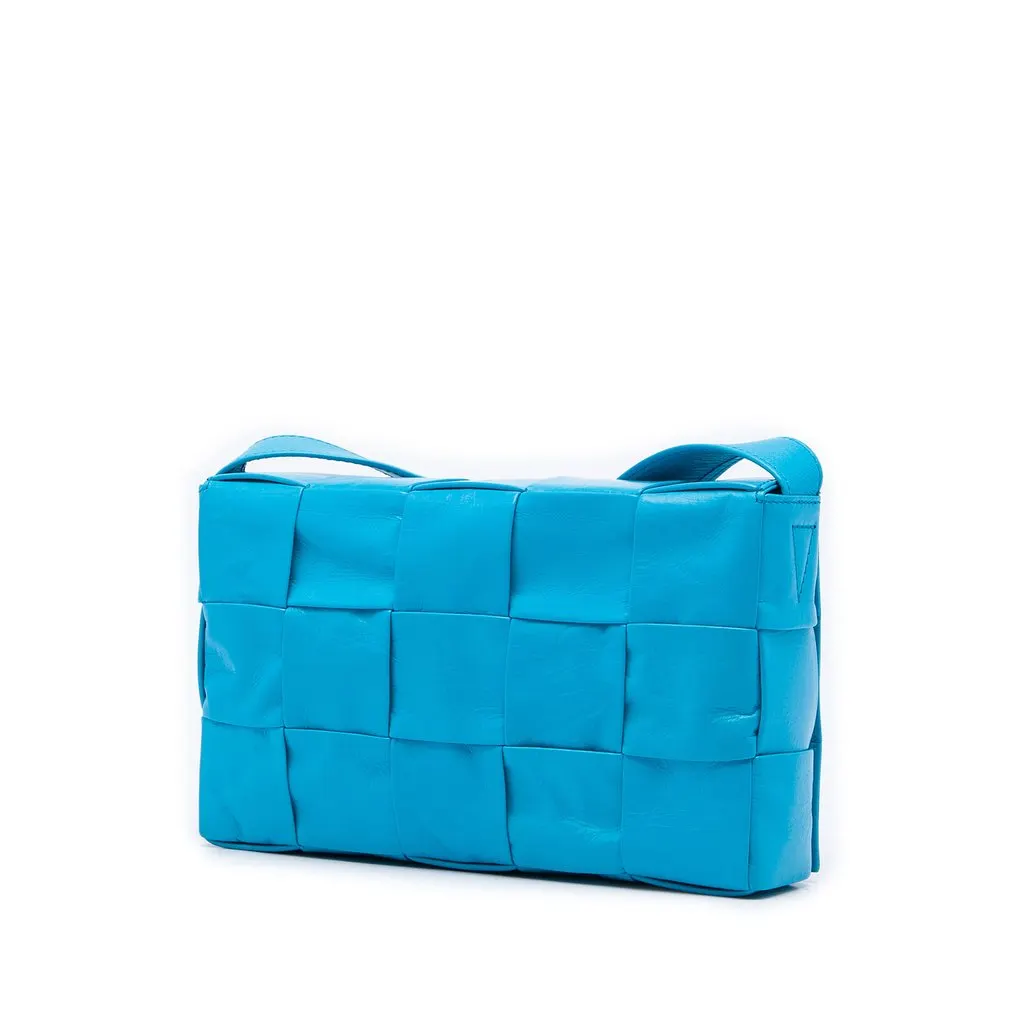 Bottega Veneta Paper Calfskin Intrecciato Cassette Crossbody Blue Leather Very good - Back View