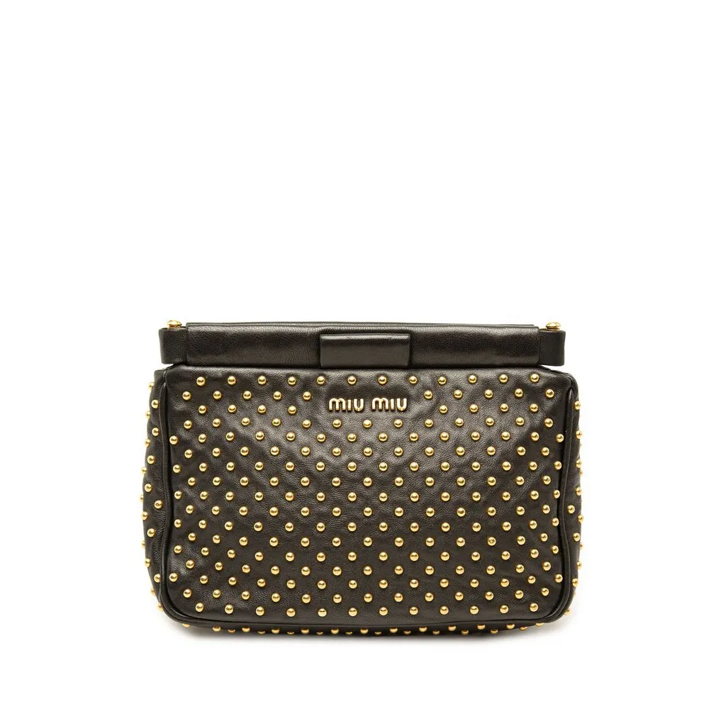 Miu Miu Studded Leather Frame Clutch Black Leather Good - Front View