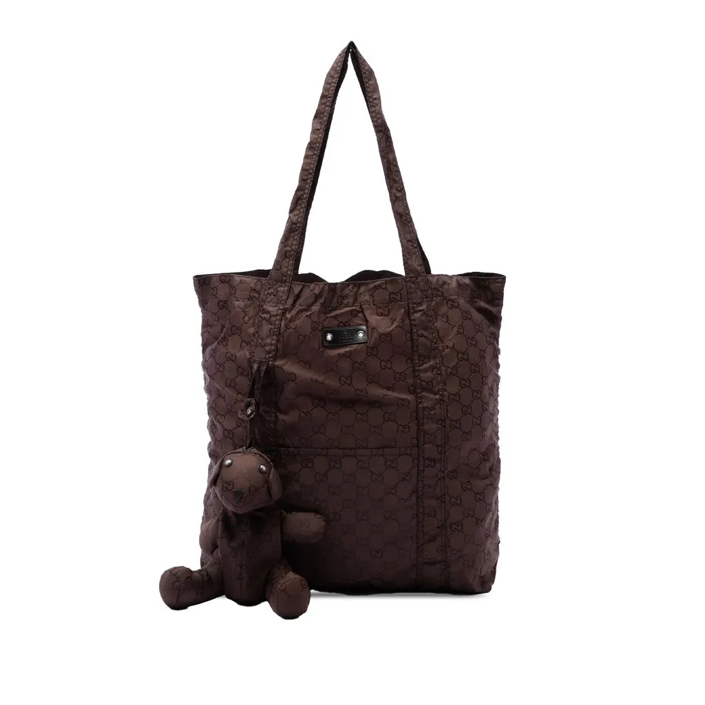 Gucci GG Nylon Teddy Bear Folding Tote Brown Polyamide Good - Front View