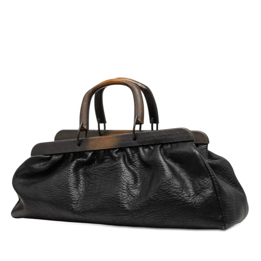 Gucci Calfskin Wood Frame Handbag Black Leather Very good - Back View