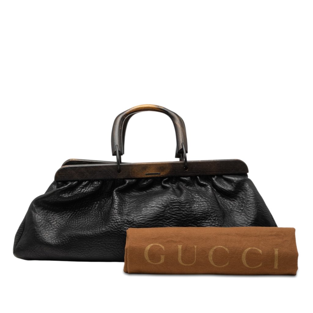Gucci Calfskin Wood Frame Handbag Black X-Large Leather