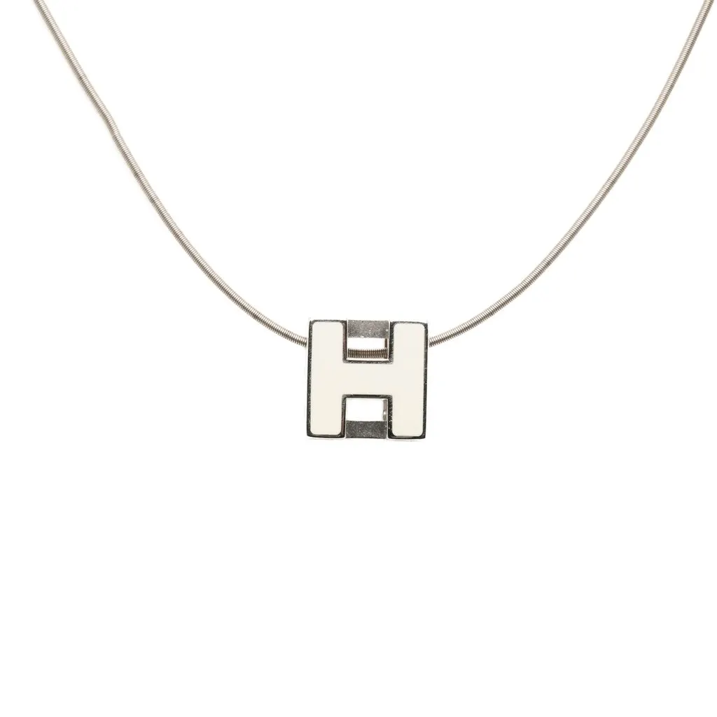 Hermès Palladium Plated Enamel Cage dH Cube Necklace Silver Palladium Good - Front View