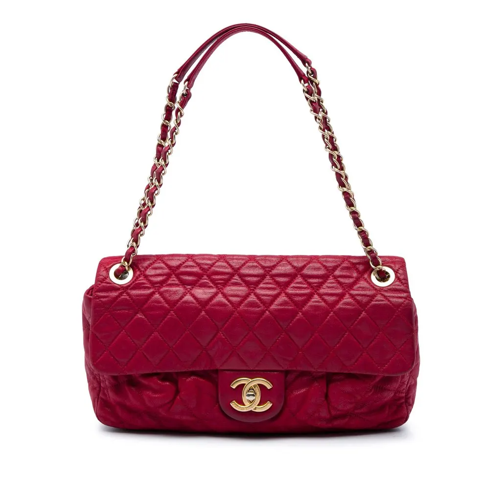 Chanel Large Quilted Iridescent Calfskin Coco Pleats Flap Red Leather Very good - Front View