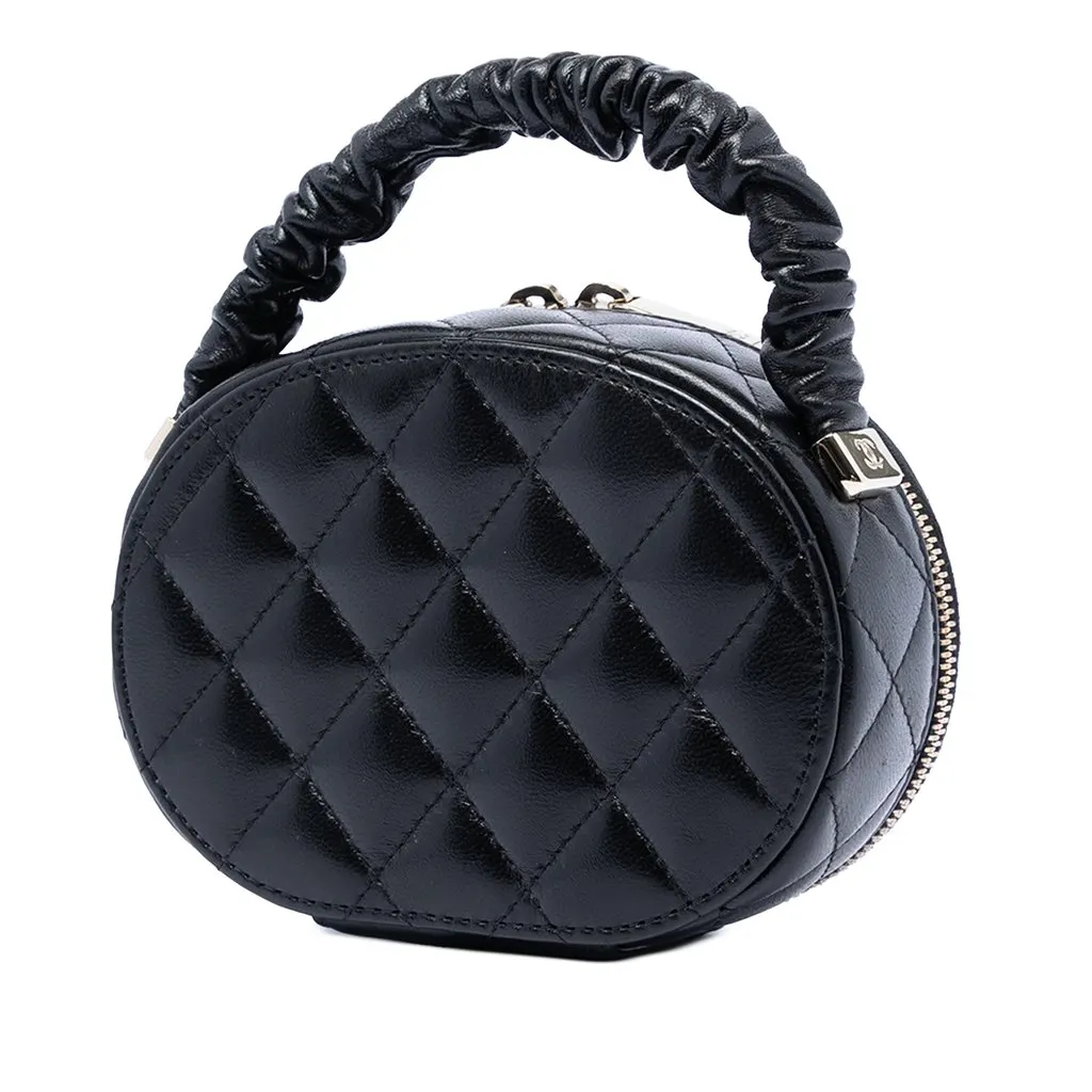 Chanel CC Quilted Lambskin Oval Top Handle Clutch Black Leather Very good - Back View