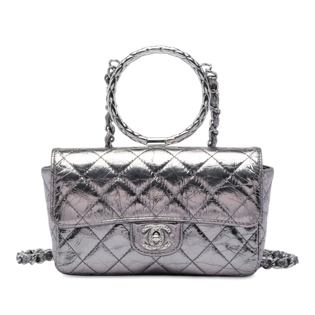 Chanel Mini Quilted Metallic Crumpled Calfskin Ring Top Handle Flap Silver Leather Very good - Front View