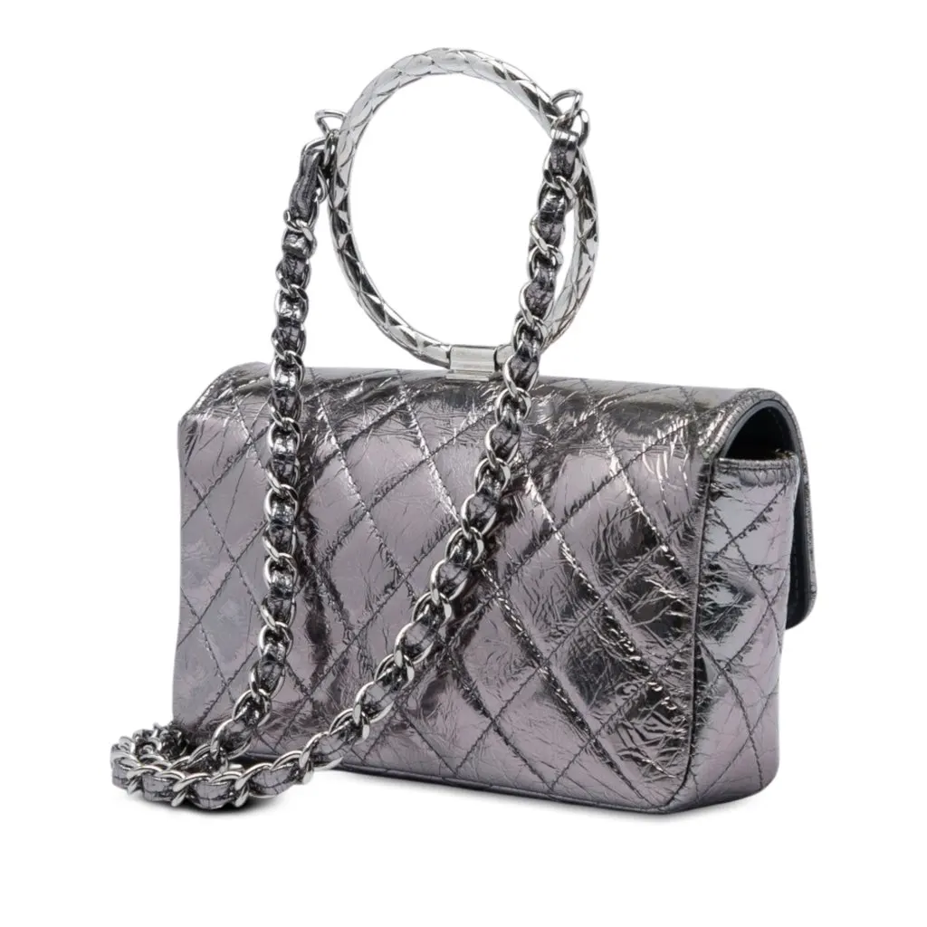 Chanel Mini Quilted Metallic Crumpled Calfskin Ring Top Handle Flap Silver Leather Very good - Back View