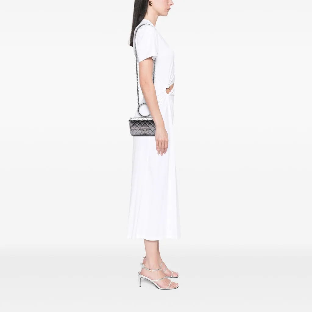 Chanel Mini Quilted Metallic Crumpled Calfskin Ring Top Handle Flap Silver Leather Very good - Box View