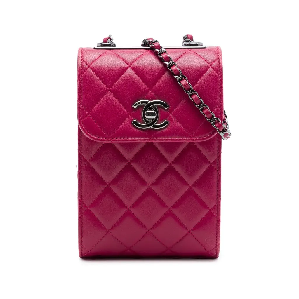 Chanel CC Quilted Lambskin Phone Holder Crossbody Pink Leather Very good - Front View
