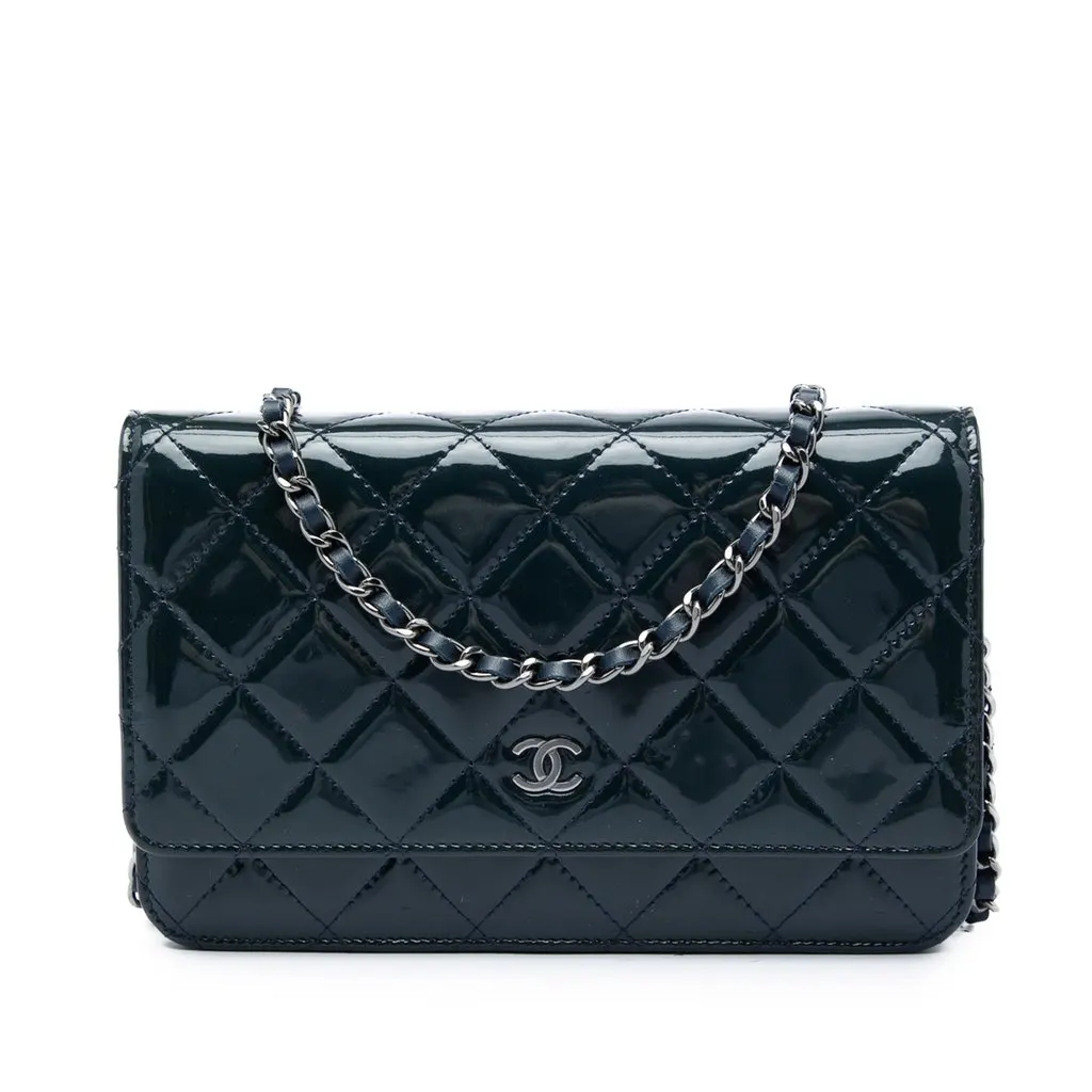 Chanel CC Quilted Patent Wallet On Chain Blue Leather Very good - Front View