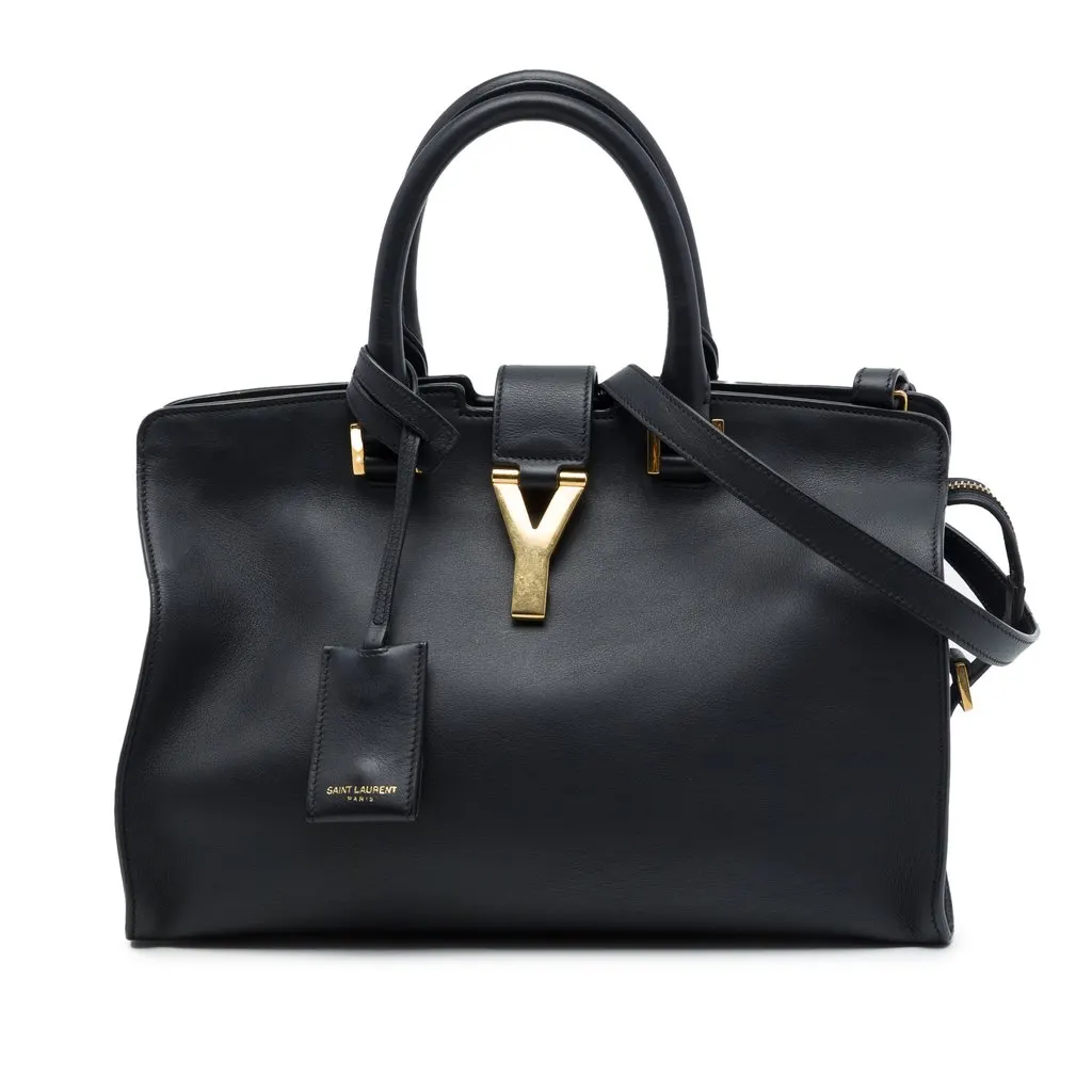 Saint Laurent Medium Leather Classic Y Cabas Satchel Black Leather Good - Front View