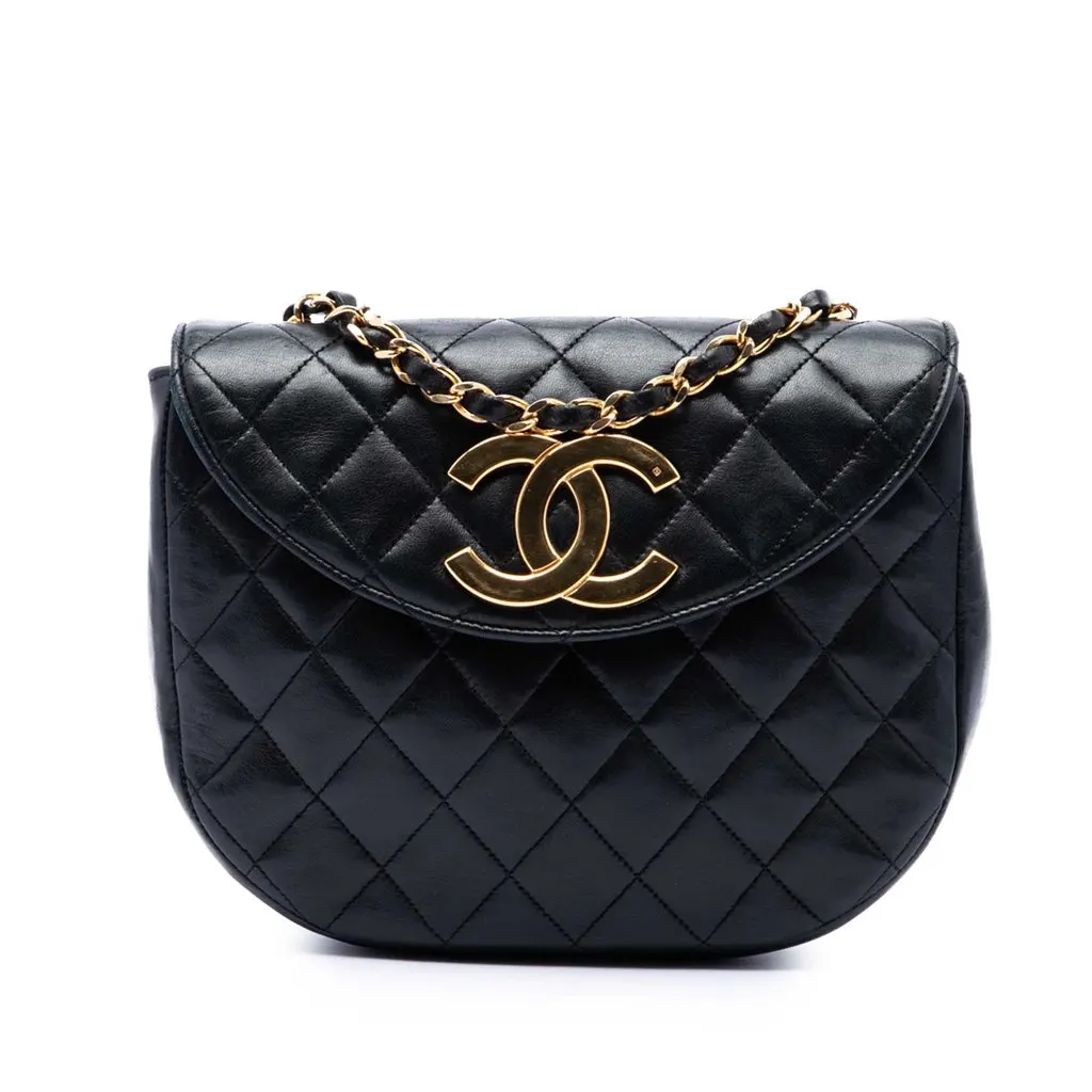 Chanel XL CC Quilted Lambskin Round Flap Black Leather Very good - Front View