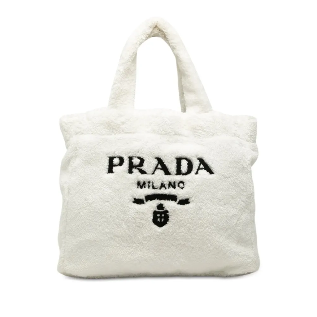 Prada Spugna Terry Cloth Logo Tote White Very good - Front View